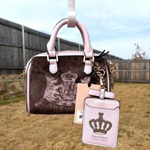 JUICY‎ COUTURE NWT Brown & Pink Velour Mini Satchel Bag with Crown Embroidery